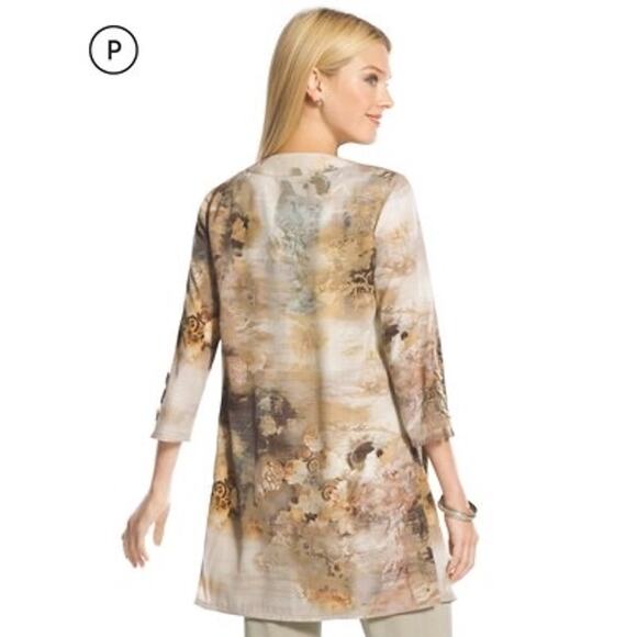 Chico’s Travelers Asian Printed Brown 3/4 Sleeve Duster Jacket Size 12 - Picture 2 of 15